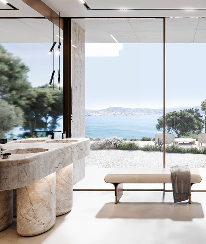 Bathroom with sea view by French Architects Vielliard and Francheteau